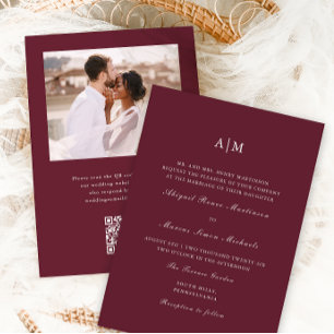 Elegant Burgundy Monogram QR Rsvp Photo Wedding Invitation
