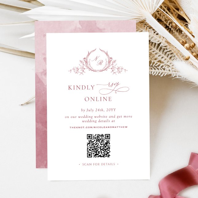 Elegant Burgundy Monogram RSVP Online QR Code  Enclosure Card (Creator Uploaded)
