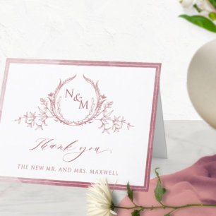 Elegant Burgundy Monogram, Watercolor Wedding Thank You Card