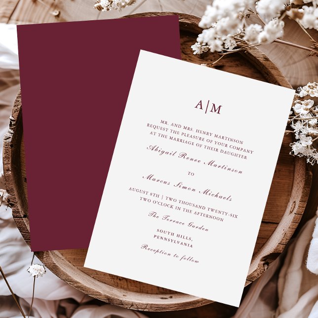 Elegant Burgundy Monogram Wedding Invitation (Creator Uploaded)