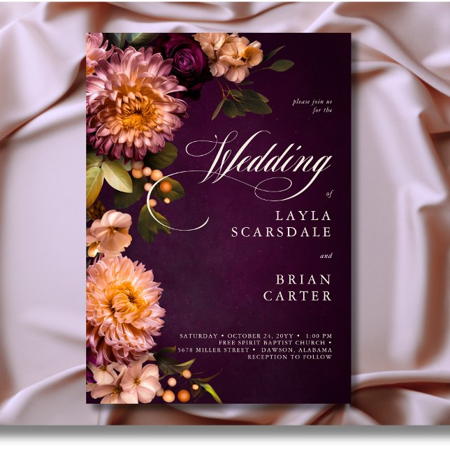 Elegant Burgundy Moody Floral Script Wedding Invitation (Elegant Burgundy Moody Floral Script Wedding Invitation)