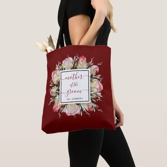 Elegant Burgundy Mother of the Groom Wedding Tote Bag (Close Up)
