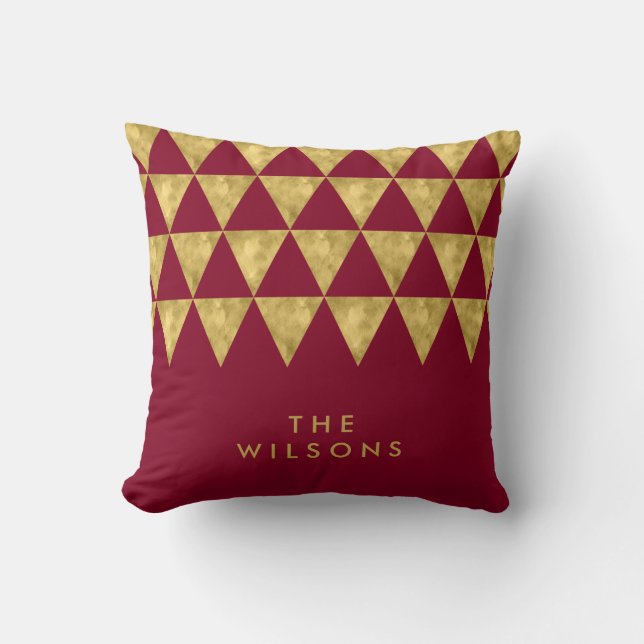Elegant Burgundy Name Faux Gold Triangle Pattern Cushion (Front)