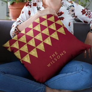 Elegant Burgundy Name Faux Gold Triangle Pattern Cushion
