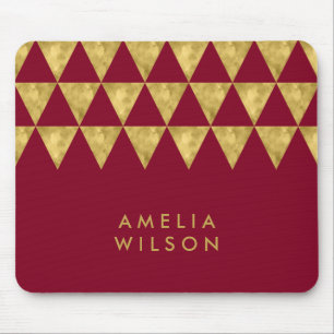 Elegant Burgundy Name Faux Gold Triangle Pattern Mouse Pad
