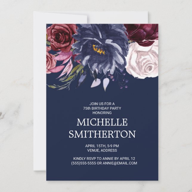 Elegant Burgundy Navy Blue Floral 75th Birthday  Invitation (Front)
