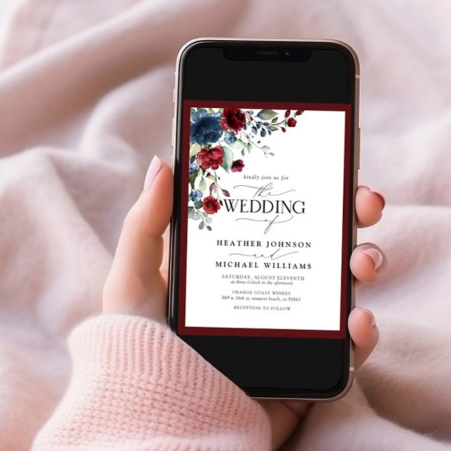 Elegant Burgundy Navy Blue Floral Watercolor Photo Invitation (Creator Uploaded)