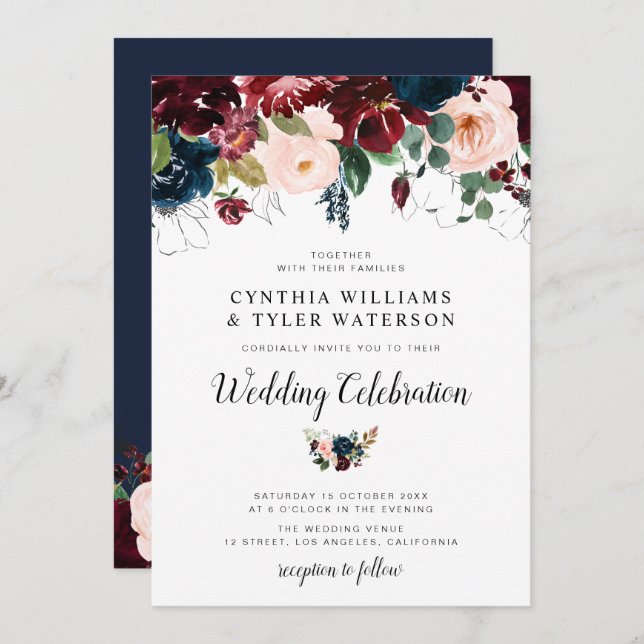 Elegant burgundy & Navy blue floral wedding Invitation (Front/Back)