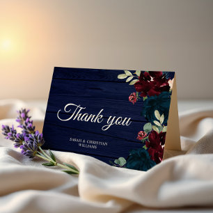 Elegant Burgundy & Navy Blue Flower Thank You Card