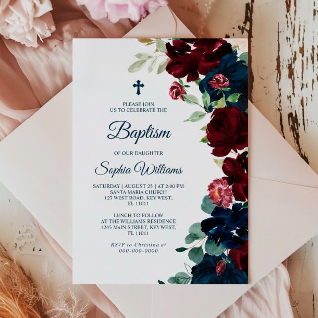 Elegant Burgundy & Navy Blue Flowers Baptism Invitation (Creator Uploaded)