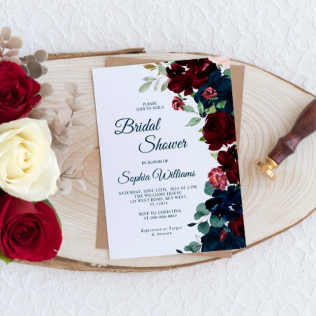 Elegant Burgundy & Navy Blue Flowers Bridal Shower Invitation (Creator Uploaded)