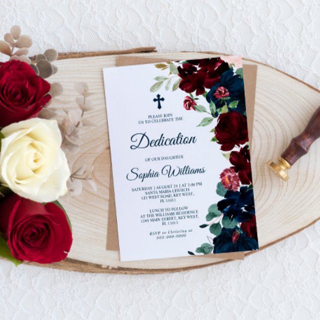 Elegant Burgundy & Navy Blue Flowers Dedication Invitation (Creator Uploaded)
