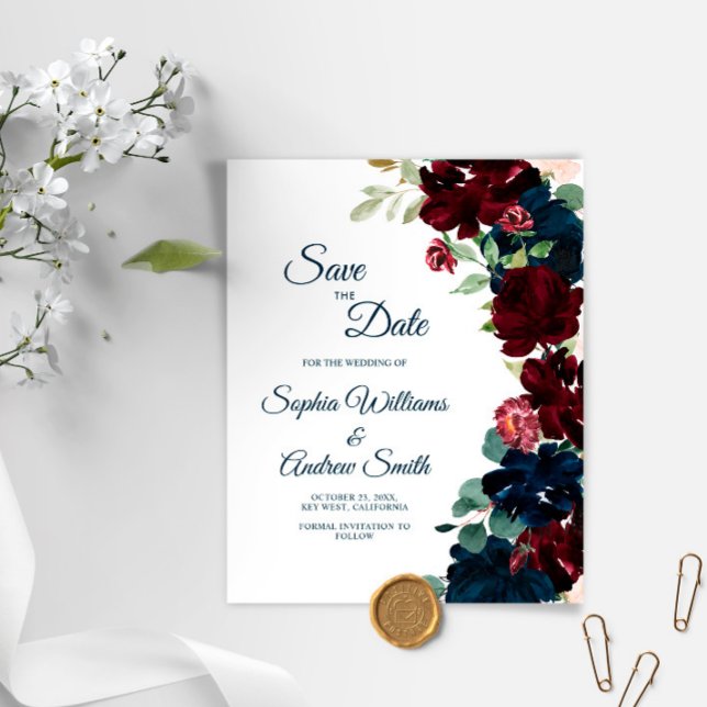 Elegant Burgundy & Navy Blue Flowers Save the Date (Creator Uploaded)