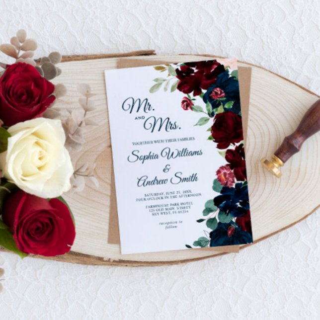 Elegant Burgundy & Navy Blue Flowers Wedding Invitation (Creator Uploaded)