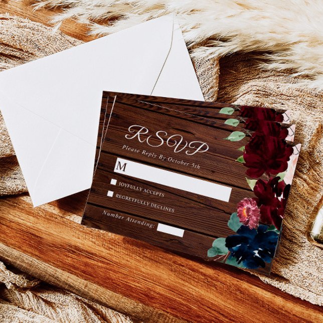 Elegant Burgundy & Navy Blue Flowers Wood Wedding  RSVP Card (Creator Uploaded)