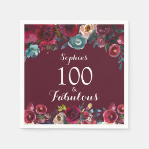Elegant Burgundy Navy Floral 100th Birthday Party Napkin