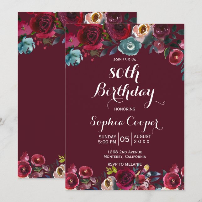 Elegant Burgundy Navy Floral 80th Birthday Party Invitation (Front/Back)
