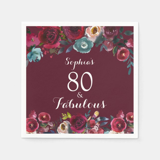Elegant Burgundy Navy Floral 80th Birthday Party Napkin (Front)