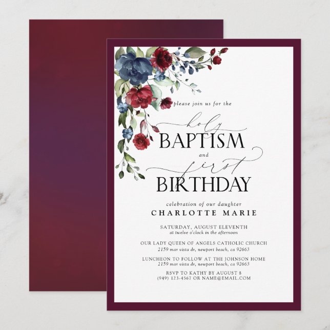 Elegant Burgundy Navy Floral Baptism 1st Birthday Invitation (Front/Back)