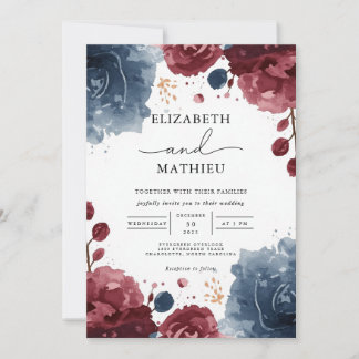 Elegant Burgundy Navy Floral Botanical Wedding Invitation