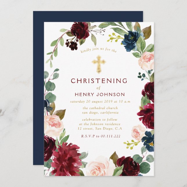elegant burgundy navy floral christening invitation (Front/Back)