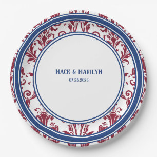 Elegant Burgundy Navy Floral Damask Wedding Dinner Paper Plate