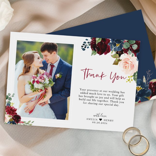 Elegant Burgundy Navy Floral Script Wedding Photo Thank You Card (Creator Uploaded)