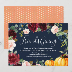 Elegant burgundy navy floral thanksgiving dinner invitation