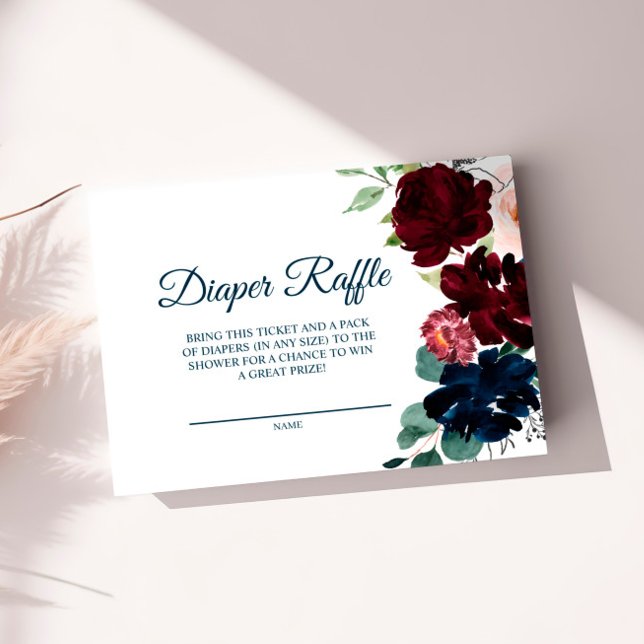 Elegant Burgundy & Navy Flowers Diaper Raffle Card (Creator Uploaded)