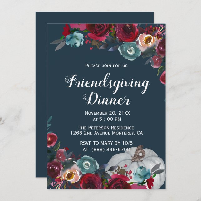 Elegant Burgundy Navy Friendsgiving Invitations (Front/Back)