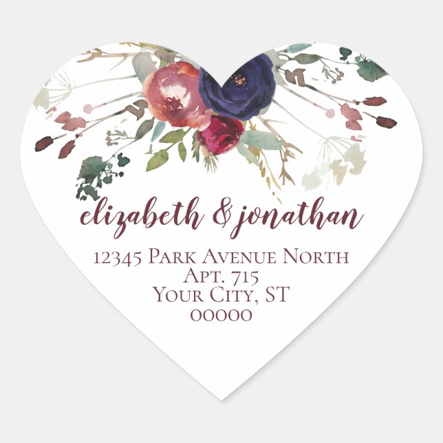 Elegant Burgundy Navy Rose Gold Return Address Heart Sticker (Front)