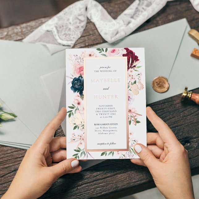 Elegant Burgundy & Navy Watercolor Floral Frame (Elegant Burgundy & Navy Watercolor Floral Frame Foil Invitation)