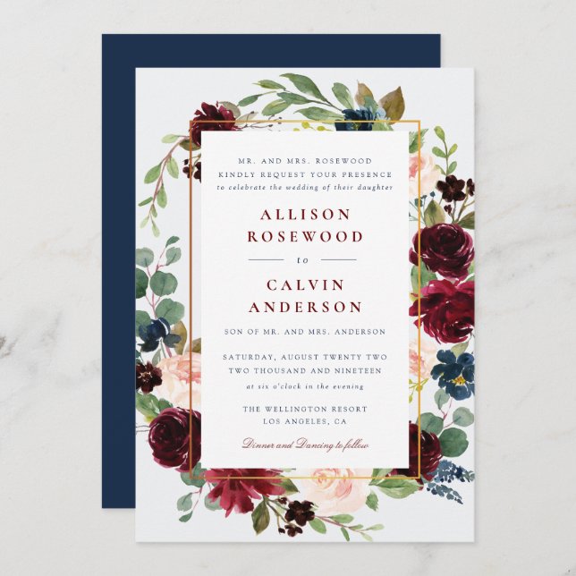 elegant burgundy navy wedding invitation (Front/Back)