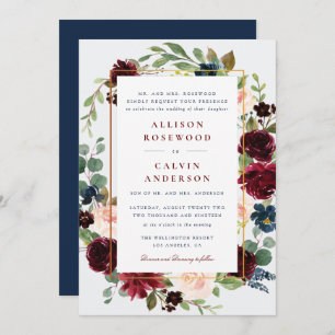 elegant burgundy navy wedding invitation
