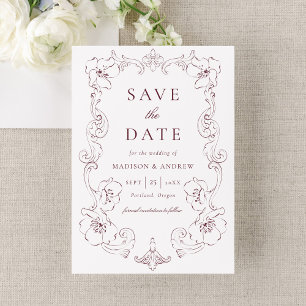 Elegant Burgundy Ornate Floral Frame Wedding Save The Date