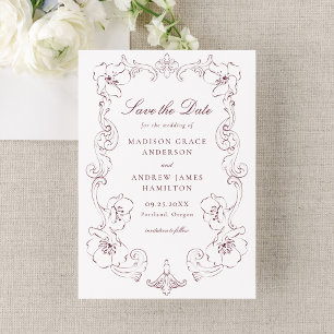 Elegant Burgundy Ornate Floral Frame Wedding Save The Date