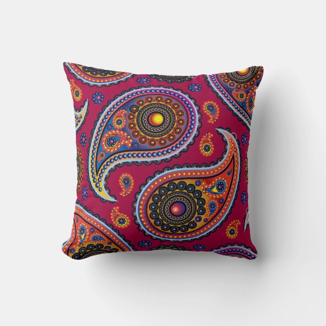 Elegant Burgundy Paisley and Mandala Pattern Cushion (Front)