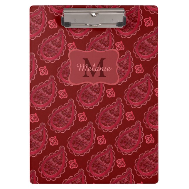 Elegant Burgundy Paisley Pattern Personalised Clipboard (Front)