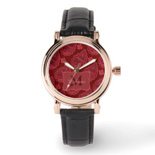 Elegant Burgundy Paisley Pattern Personalised Watch