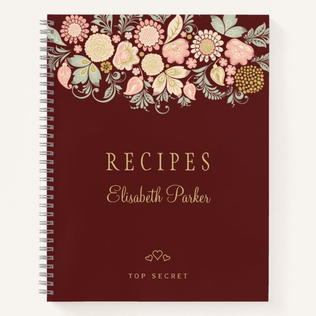 Elegant burgundy peach floral cookbook recipes notebook (Front)