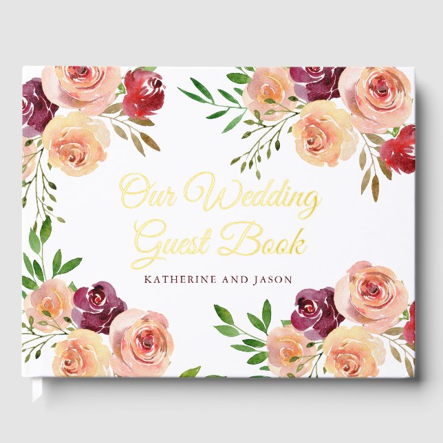 Elegant Burgundy Peach Floral Wedding Gold Foil Guest Book (Front)