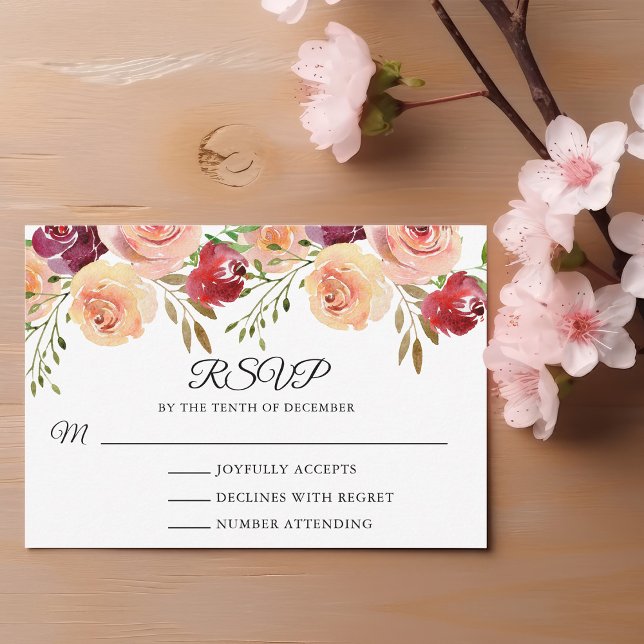 Elegant Burgundy Peach Peony Floral Wedding RSVP (Creator Uploaded)