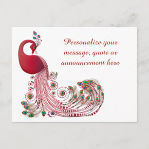 Elegant Burgundy Peacock & Feathers Personalised Announcement Postcard