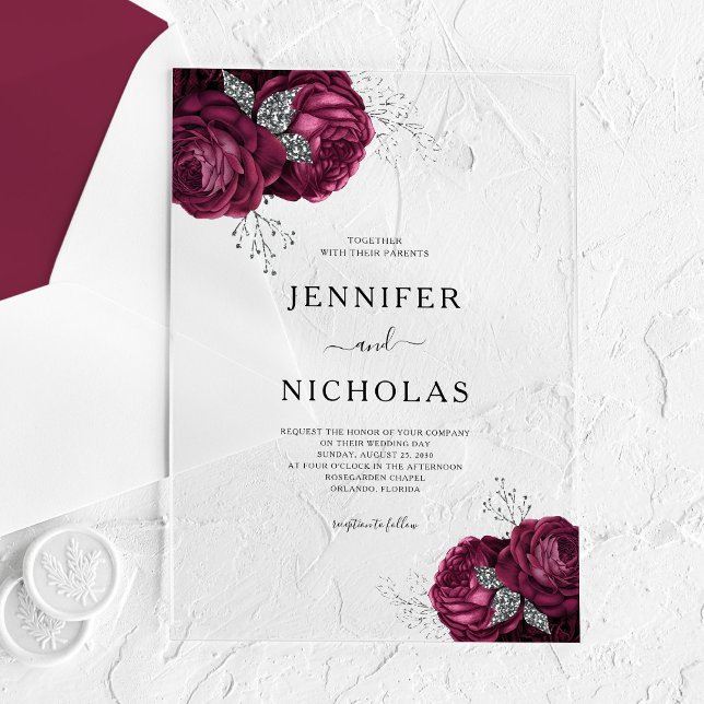 Elegant Burgundy Peonies Floral Wedding Acrylic Invitations (Elegant Burgundy Peonies Floral Wedding Acrylic Invitations)