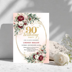 Elegant Burgundy Peonies Gold 90th Birthday Invite