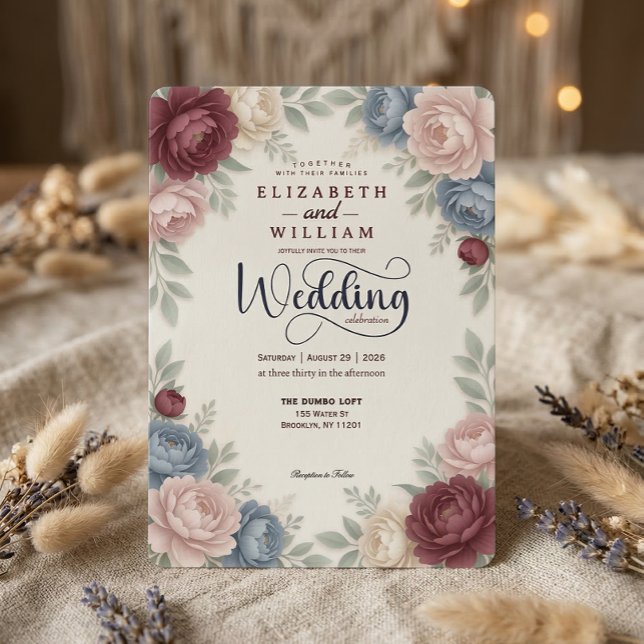 Elegant Burgundy Peonies Roses  QR Code Wedding Invitation (Creator Uploaded)