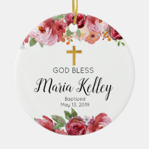 Elegant Burgundy Personalized Girl Baptism Ceramic Tree Decoration