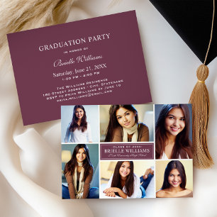 Elegant Burgundy Photo Collage Graduation Party Invitation