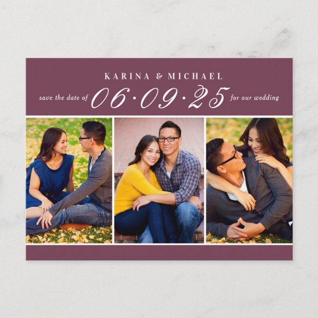 Elegant Burgundy Photo Collage Save the Date Announcement Postcard (Front)