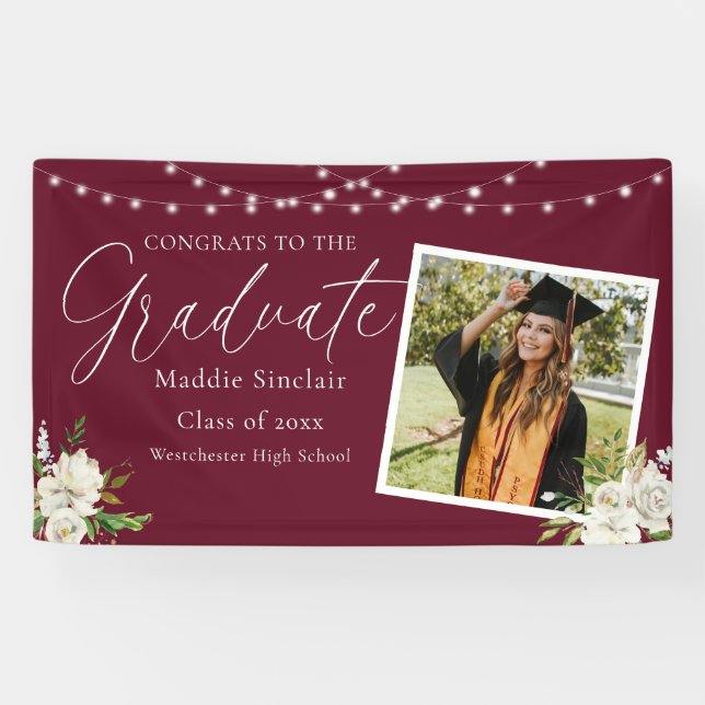 Elegant Burgundy Photo Floral Graduation Banner (Horizontal)